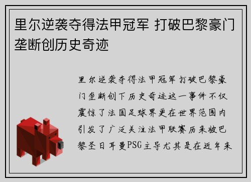 里尔逆袭夺得法甲冠军 打破巴黎豪门垄断创历史奇迹